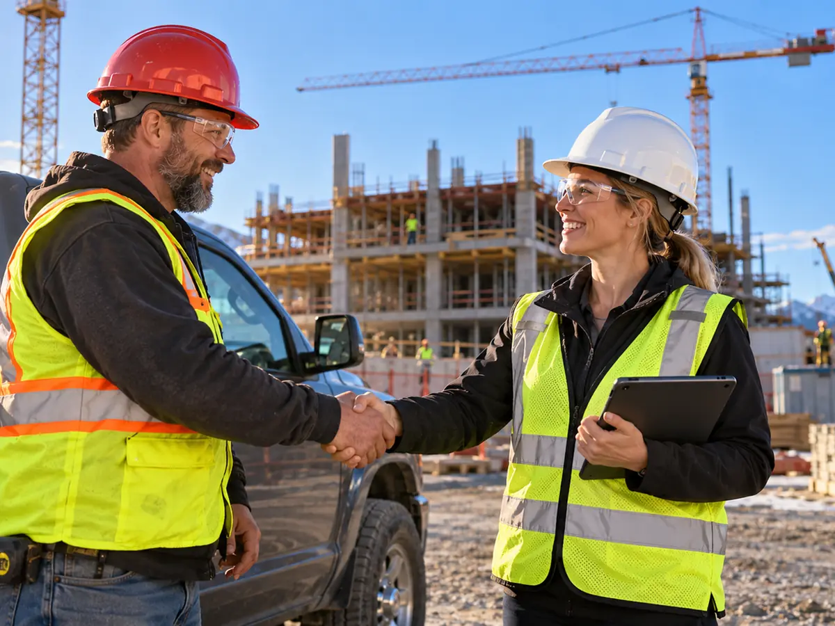 Safety consultant and a company owner shaking hands on an Alberta construction site