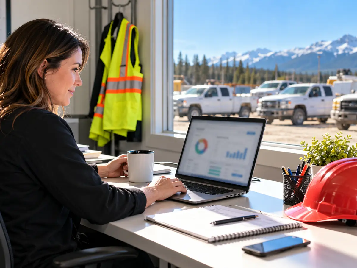 Office manager reviewing contractor qualification records on a laptop