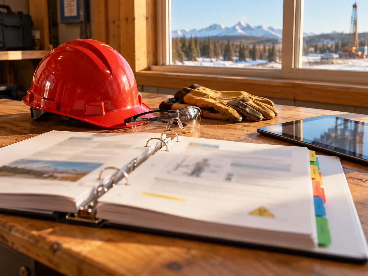 Safety manual binder with a red hard hat, safety glasses and work gloves
