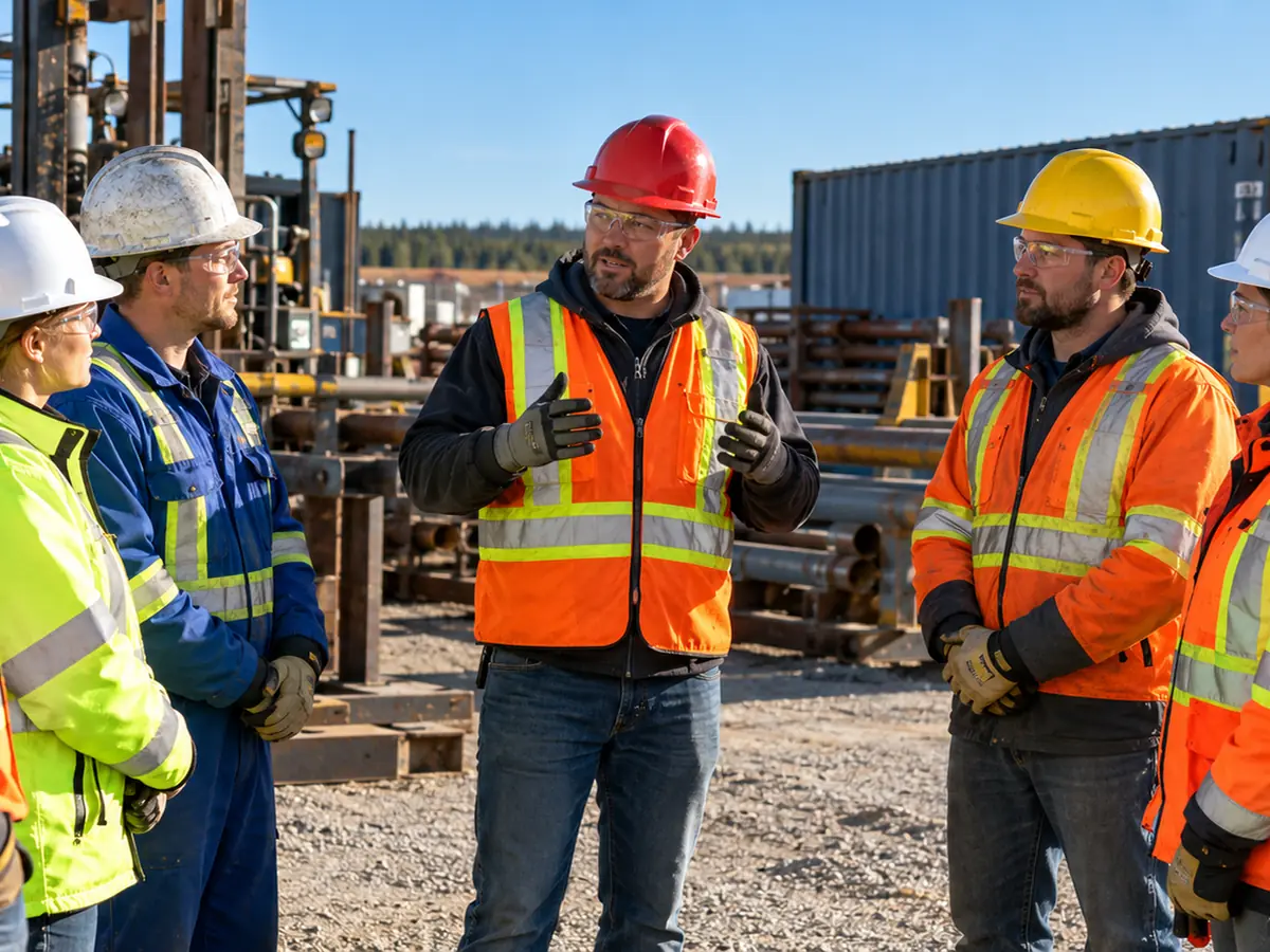 Supervisor leading a toolbox safety talk with a crew in PPE