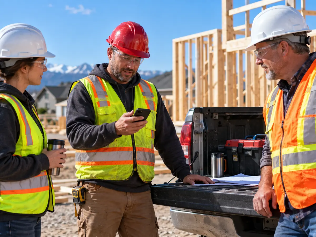 Small crew in hard hats and hi-vis vests at a morning safety talk by a work truck